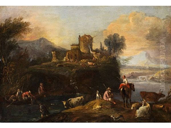 Italienische Flusslandschaft Mit Fischer Und Hirten Am Ufer by Lieven Mehus