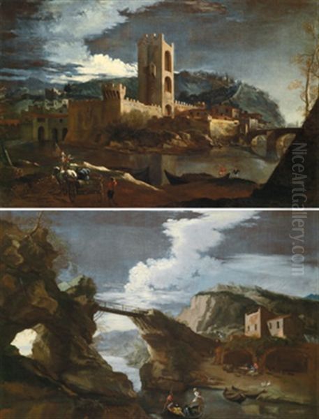 Muhlen Von San Nicolo Am Arno (+ Another; 2 Works) Oil Painting by Lieven Mehus