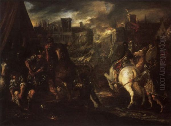 Cavalrymen And Soldiers On A Battlefield Oil Painting by Lieven Mehus