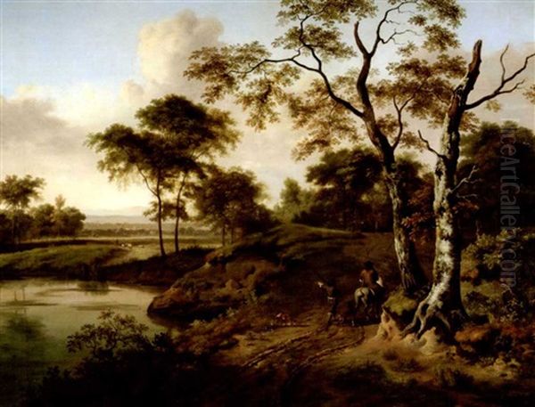 Bewaldete Fluslandschaft Mit Reiter Und Fusknecht Auf Einem Fahrweg Oil Painting by Heinrich Meichelt