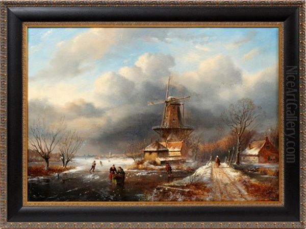 Dutch Skating Scene Oil Painting by Jacobus Leonardus Van Der Meide