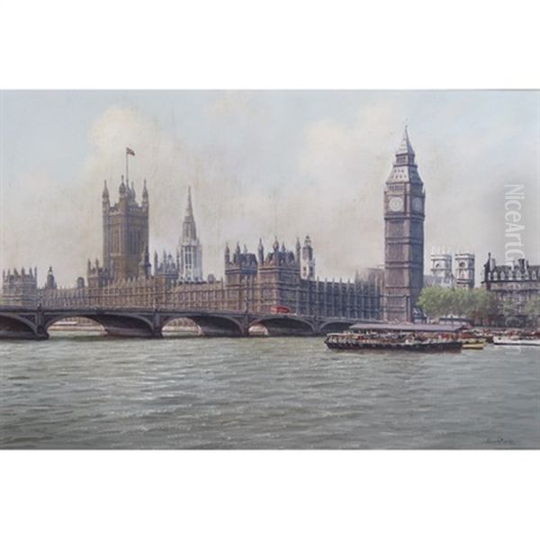 On The Thames Before Westminster Oil Painting by Jacobus Leonardus Van Der Meide