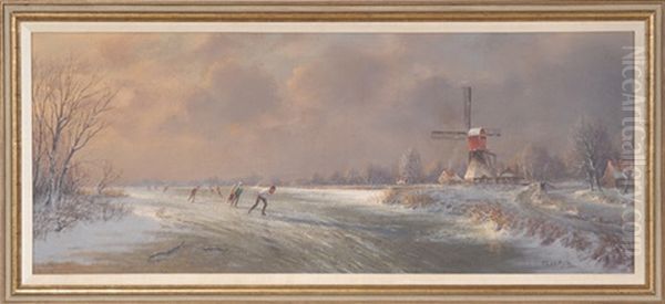 Sunset Winterscape With Ice Skaters, Wind Mill And Cottages Under Grey And Rose Tinged Clouds Oil Painting by Jacobus Leonardus Van Der Meide