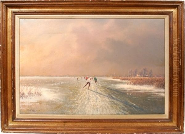 Winter Landscape With Ice Skaters Oil Painting by Jacobus Leonardus Van Der Meide