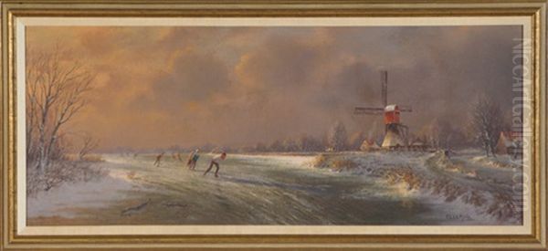 Ice Skaters At Sunset With Wind Mill And Farm Houses In Background Oil Painting by Jacobus Leonardus Van Der Meide