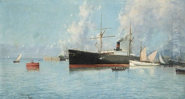 Puerto Con Buques Oil Painting by Eliseo Meifren y Roig