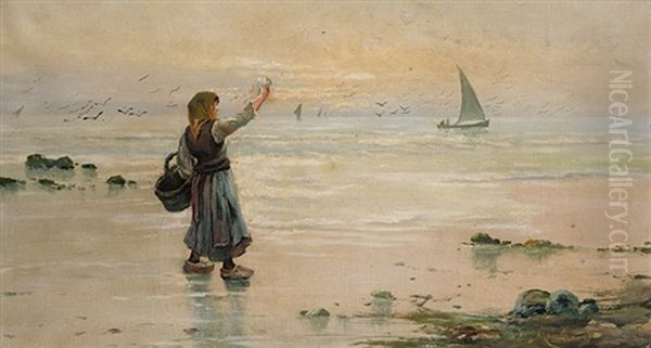 Mujer En La Playa Oil Painting by Eliseo Meifren y Roig