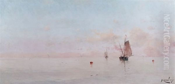 Mar Sereno, Barcas A Vela Oil Painting by Eliseo Meifren y Roig