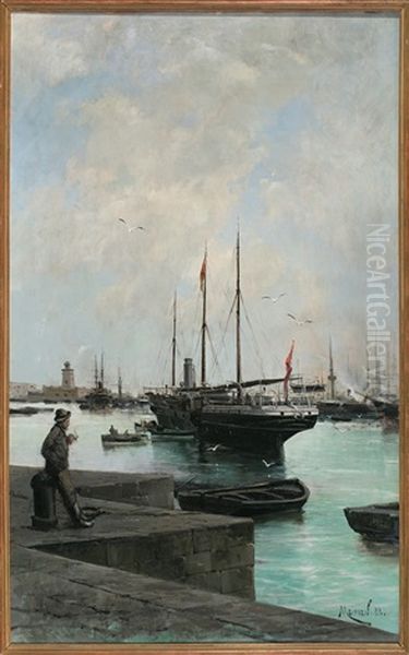 Muelle Del Reloj, Barcelona Oil Painting by Eliseo Meifren y Roig