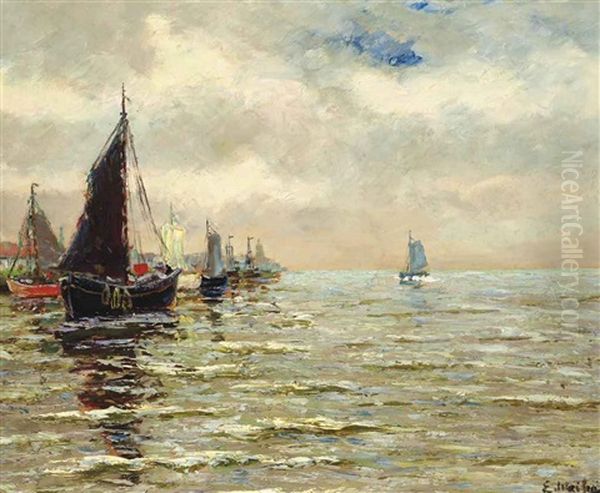 Approaching The Port Oil Painting by Eliseo Meifren y Roig