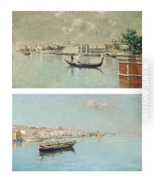 A Gondola Ride Before The Molo, Venice And Boats Moored Off A Coastal Town (pair) Oil Painting by Eliseo Meifren y Roig