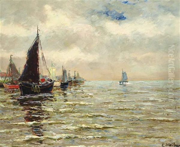 Approaching The Port Oil Painting by Eliseo Meifren y Roig