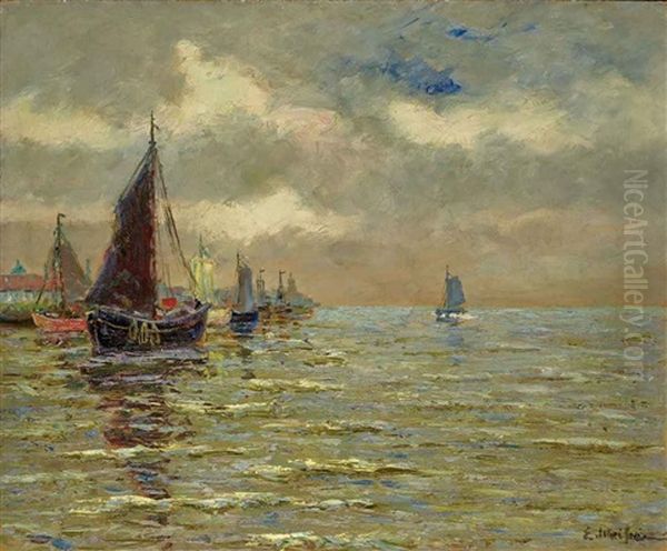 L'approche Du Port Oil Painting by Eliseo Meifren y Roig