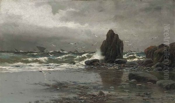 A Stormy Coastal Scene Oil Painting by Eliseo Meifren y Roig