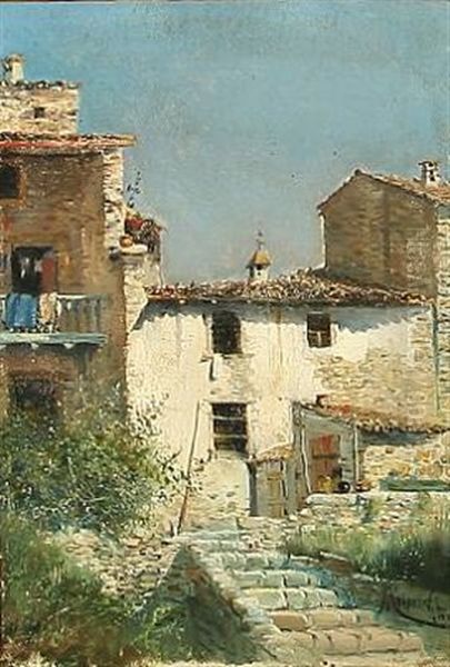 In A Spanish Village Oil Painting by Eliseo Meifren y Roig