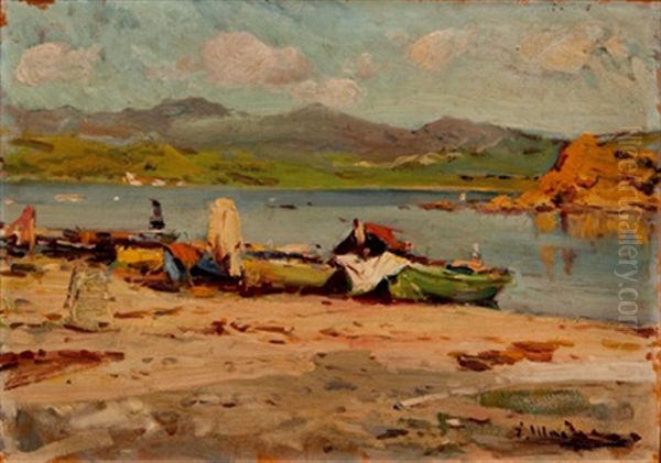 Barcas En El Rio Oil Painting by Eliseo Meifren y Roig