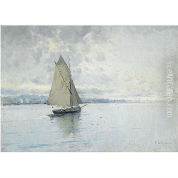 Marina Con Barco (seascape With Sailing Boat) Oil Painting by Eliseo Meifren y Roig