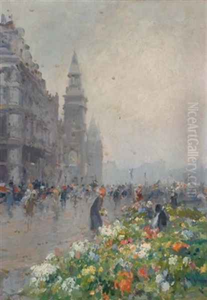 Mercado De Flores - The Flower Market Oil Painting by Eliseo Meifren y Roig