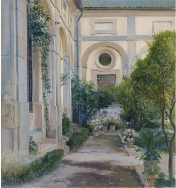 El Patio (the Courtyard In The House Of The Artist) Oil Painting by Eliseo Meifren y Roig