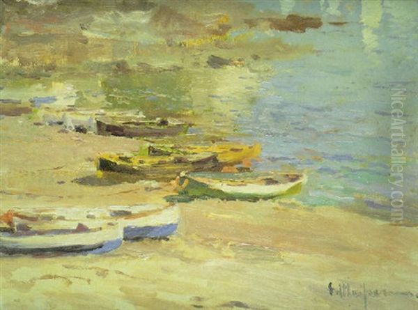 Barcas Varadas En La Playa Oil Painting by Eliseo Meifren y Roig