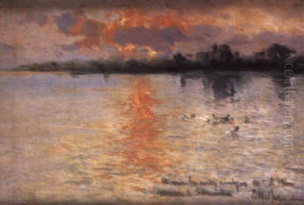 A River Landscape At Sunset Oil Painting by Eliseo Meifren y Roig