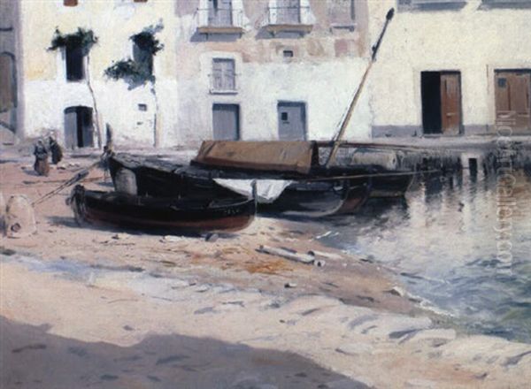 Boats In A Harbour Oil Painting by Eliseo Meifren y Roig