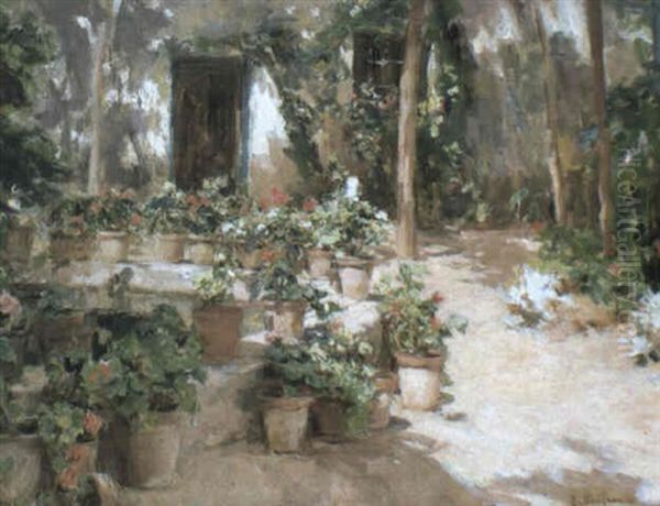 Patio Oil Painting by Eliseo Meifren y Roig