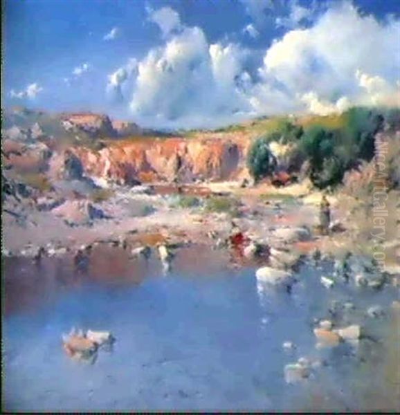 Washerwomen On The Shore Oil Painting by Eliseo Meifren y Roig