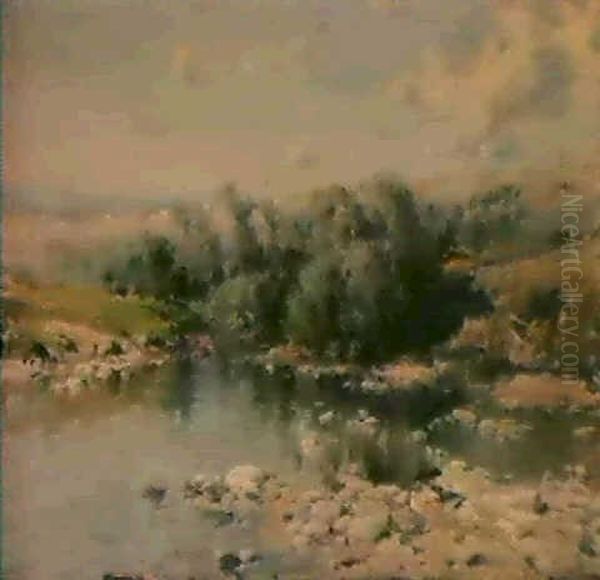 A River Landscape Oil Painting by Eliseo Meifren y Roig