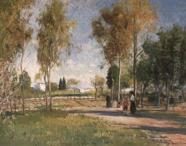 Figures In A Park Oil Painting by Eliseo Meifren y Roig