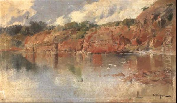 A Lake In An Extensive Landscape Oil Painting by Eliseo Meifren y Roig