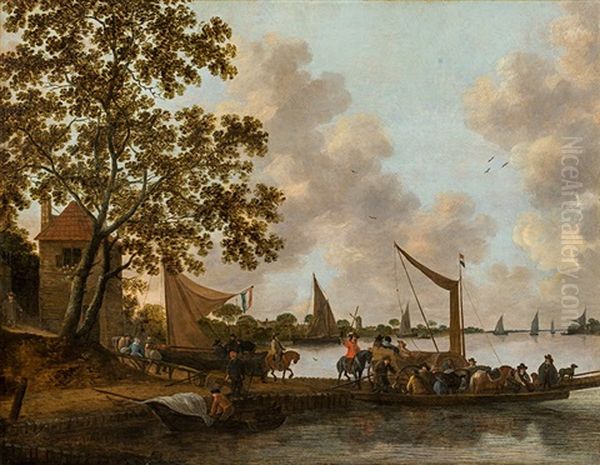 River Landscape With Ferry Oil Painting by Hendrick De Meijer