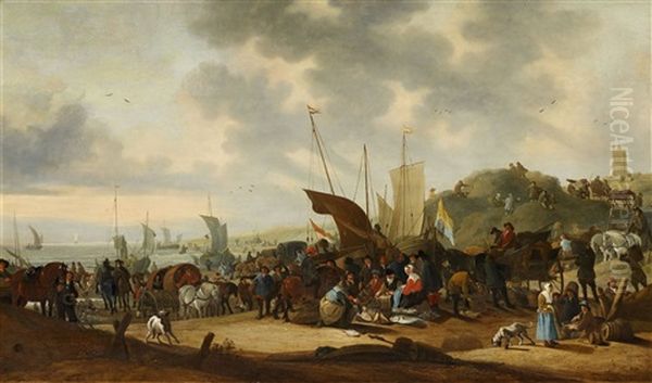 Coastal Landscape With Fishmongers Oil Painting by Hendrick De Meijer