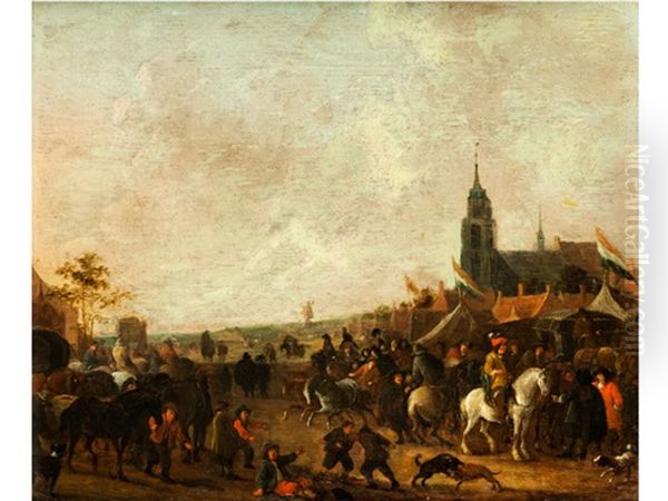 Jahrmarkt Vor Einer Hollandischen Stadt Mit Gotischer Stadtkirche Oil Painting by Hendrick De Meijer