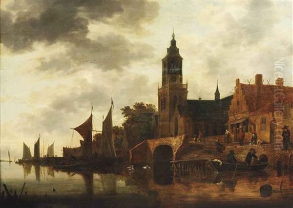 A River Landscape With Figures Outside An Inn On The River Bank Oil Painting by Hendrick De Meijer