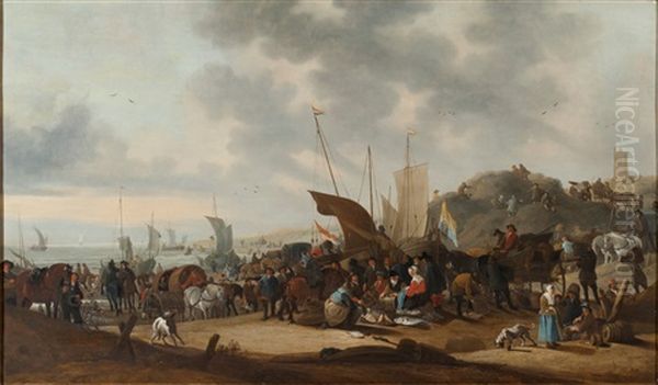 Belebte Strandszene Mit Kutsche, Eleganter Gesellschaft Und Handlern Oil Painting by Hendrick De Meijer