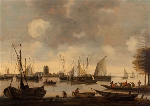 Ships On The Merwede With Dordrecht On The Horizon Oil Painting by Hendrick De Meijer