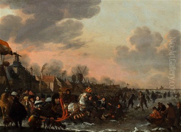 A Sleigh And Iceskaters On The Frozen Canal Nearby The Oude Ooster Hoofdpoort In Rotterdam Oil Painting by Hendrick De Meijer