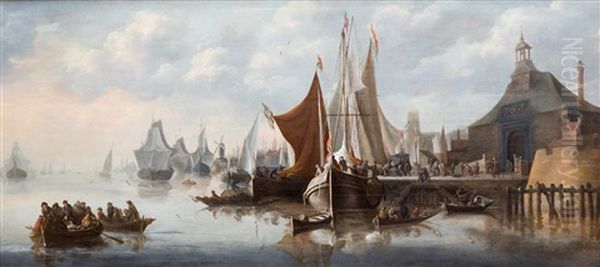 View Of The Rotterdam Harbour, With Possibly The Oude Hoofdpoort Oil Painting by Hendrick De Meijer