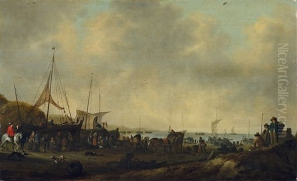 Geschaftiges Treiben An Einem Hollandischen Strand Oil Painting by Hendrick De Meijer