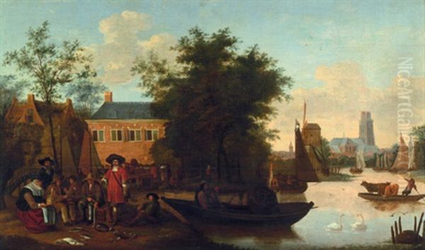 Blick Auf Zwaenseiland Und Den Fluss Zwaenshals Bei Rotterdam, Im Hintergrund Die St. Laurenskerk Oil Painting by Hendrick De Meijer