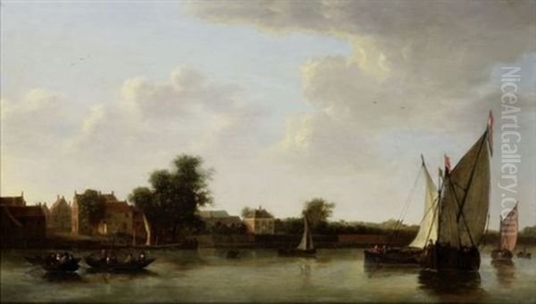 Paysage Avec Riviere Et Bateaux Devant Une Ville by Hendrick De Meijer