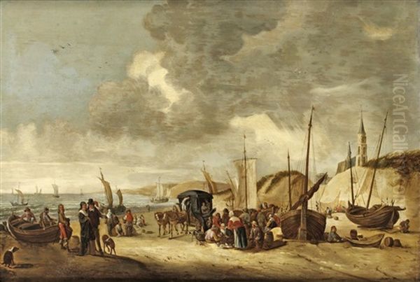 Kustlandskap Med Rastande Sallskap Pa Strand Med Staden Scheveningen I Bakgrunden Oil Painting by Hendrick De Meijer