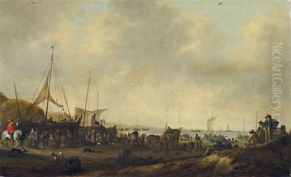 Geschaftiges Treiben An Einem Hollandischen Strand Oil Painting by Hendrick De Meijer