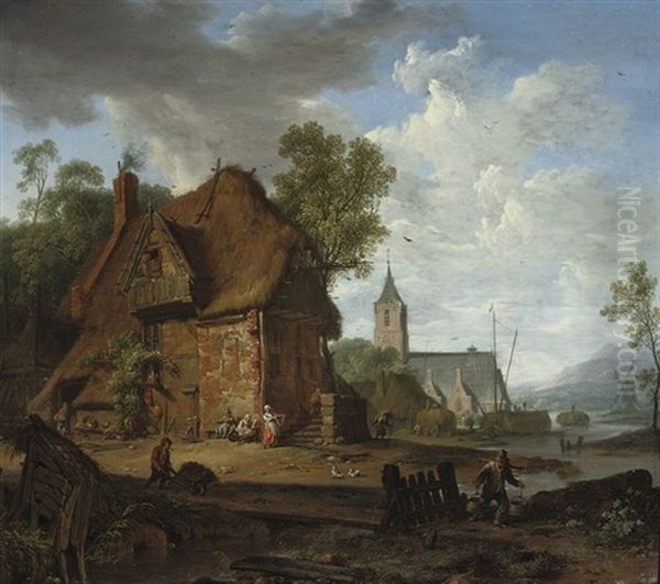 A Farmhouse With Peasants Working By A River Oil Painting by Hendrick De Meijer