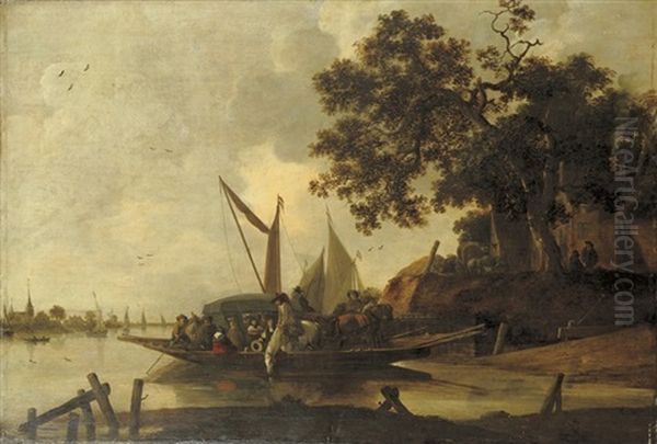 A Ferry With A Horse-drawn Carriage Crossing A River Oil Painting by Hendrick De Meijer