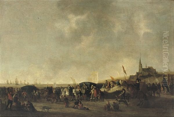 A Crowded Beach With An Elegant Horse-drawn Carriage, The Church Tower Of Scheveningen Beyond Oil Painting by Hendrick De Meijer