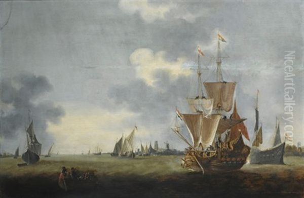 Merchantmen And Other Shipping Sailing Out Of The Harbour Of Dordrecht, A Ferry With Figures To The Left Foreground Oil Painting by Hendrick De Meijer