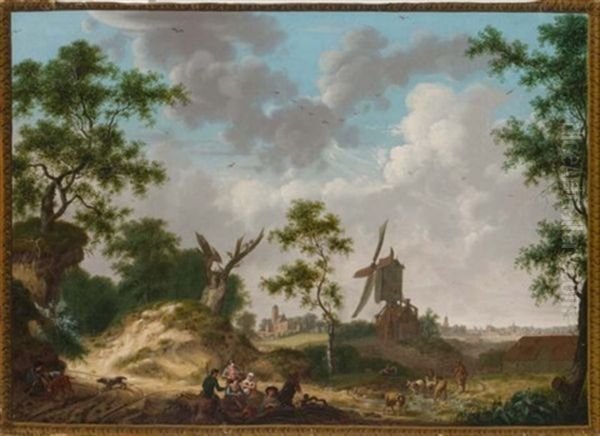 A Landscape With Figures Resting Near A Windmill, A Town In The Distance, In A Trompe L'oeil Painted Frame Oil Painting by Hendrick De Meijer