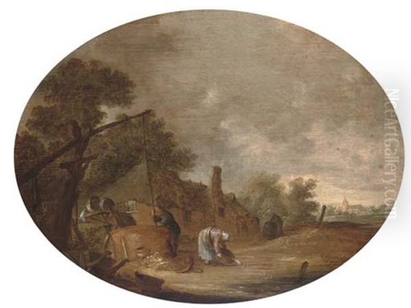 A Landscape With Peasants Drawing Water From A Well Before A House, A Church Beyond Oil Painting by Hendrick De Meijer